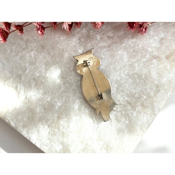 Multistone Vintage Southwest Native American Owl Figural Sterling Silver Brooch - Picture 6 of 9